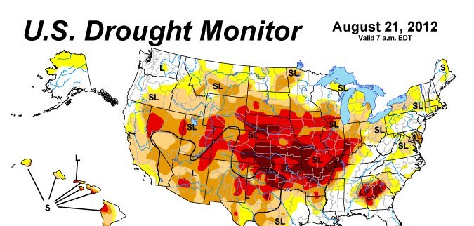 Photo: August 24: While we continue to closely monitor Tropical Storm Isaac & Joyce in the Atlantic, much of the U.S. remains under a severe drought. Here's a map from U.S. Department of Agriculture, showing the drought conditions as of earlier this week. More on the U.S. Department of Agriculture's response to the drought and their assistance to farmers and ranchers at www.usda.gov/drought.