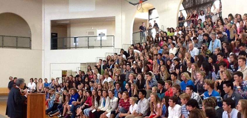 Photo: Senator Akaka speaks to students on Maui at Seabury Hall's morning assembly