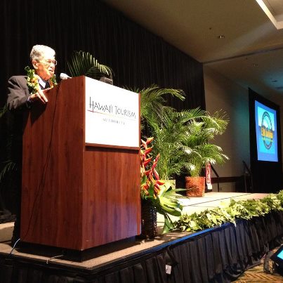 Photo: Senator Akaka just addressed a joint session of the Hawai'i Tourism Conference and Export-Import Bank's Global Access Forum at the Hawai'i Convention Center.  Senator Akaka hosted the event to help small businesses and the tourism industry increase foreign sales.