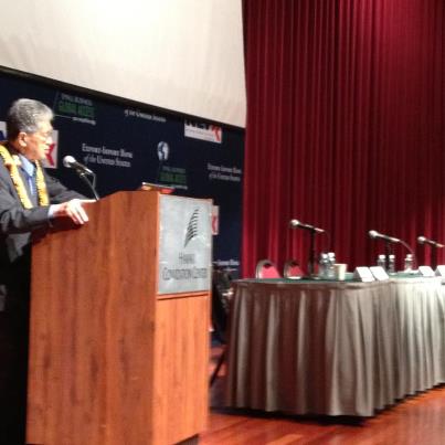 Photo: Senator Akaka opens an Export-Import Bank Global Access Forum he arranged to help Hawaii businesses owners learn more about how the federal government can help them increase export sales.