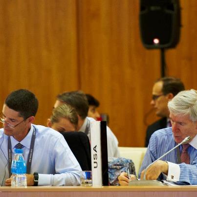 Photo: Under Secretary of State for
Economic Growth, Energy, and the Environment Robert D. Hormats, right,
with Deputy United States Trade Representative and U.S. Ambassador and Permanent Representative to theWorld Trade Organization (WTO) Michael Punke participate in the Asia Pacific Economic Cooperation Ministerial Plenary Session in Vladivostok, Russia, September 5, 2012. [State Department photo by William Ng/ Public Domain]