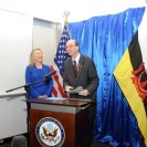 Photo: U.S. Ambassador to Brunei Daniel Shields welcomes U.S. Secretary of State Hillary Rodham Clinton to the U.S. Embassy in Bandar Seri Begawan, Brunei, September 7, 2012. [State Department photo/ Public Domain]