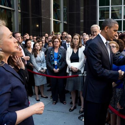 Photo: Photo: President Obama & Secretary Clinton greet employees after speaking to them at the State Department in Washington, D.C., Sept. 12, 2012. The President made the visit after Chris Stevens, U.S. Ambassador to Libya, and three others were killed in Benghazi, Libya, yesterday.

Earlier today, President Obama delivered remarks regarding the attack: http://wh.gov/Wjhm