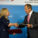 Photo: U.S. Secretary of State Hillary Rodham Clinton shakes hands with Russian Foreign Minister Sergey Lavrov after signing a Memorandum of Understanding between the Government of the United States of America and the Government of the Russian Federation on Cooperation in the Antarctic during the Asia-Pacific Economic Cooperation Leaders' Week in Vladivostok, Russia, September 8, 2012. [State Department photo by William Ng/Public Domain]