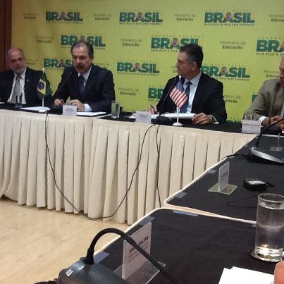 Photo: Brasilia, Brazil - Brazil's Minister of Education Aloisio Mercadante (second from left) speaks with Under Secretary Sanchez (second from right), U.S. Ambassador to Brazil Thomas Shannon (right) and others as part of the Education Trade Mission to Brazil on August 31, 2012.