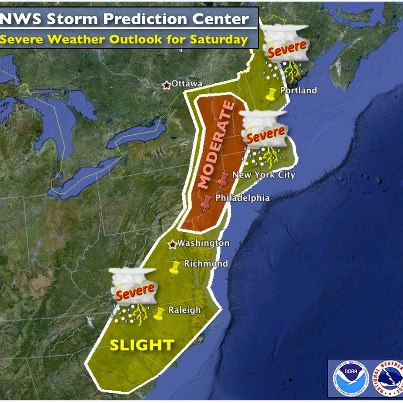 Photo: ...Severe Thunderstorms Continue to Impact the Eastern U.S...

As of 4pm EDT, the NWS Storm Prediction Center has outlined the greatest threat for severe storms this evening across portions of southern New England and the northern Mid-Atlantic, or from eastern New York to central New Hampshire southward into northeast Maryland and northern Delaware, including New York City, NY and Philadelphia, PA.

The greatest threat will be widespread damaging winds (capable of downed trees and power outages) in association with a line of severe thunderstorms along an eastward moving cold front.  Additionally, some storms will be capable of isolated tornadoes.