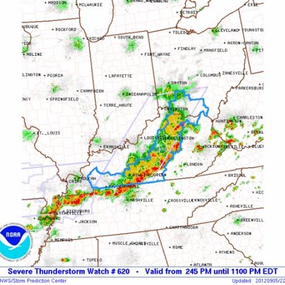 Photo: Severe Storms Moving Through Kentucky and Tennessee

A Severe Thunderstorm Watch is in Effect for portions of southeast Illinois, southeast Indiana, west-central Kentucky, and southwest Ohio until 11pm.  A severe squall line is moving southeast through KY and TN this evening.  Hail up to 1.5 inches and wind gusts up to 70 mph are possible with this line.  Persons in these ares should be on the lookout for threatening weather and possible warnings.  Details...

http://go.usa.gov/rV2G