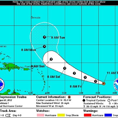 Photo: Tropical Depression Twelve Forms in the Tropical Atlantic

At 11 AM EDT Tropical Depression Twelve was located about 1,185 miles east of the Windward Islands. Maximum sustained winds were 35 mph, and movement was to the west at 20 mph. A motion toward the west-northwest is expected, with a slower forward speed, over the next couple of days. Further strengthening to a Tropical Storm is expected later today, and the system could become a Hurricane over the weekend. Details...

http://www.nhc.noaa.gov/#TWELVE