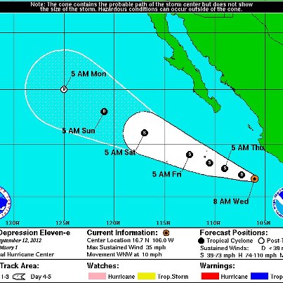 Photo: Tropical Depression Eleven Forms in the Eastern Pacific

Tropical Depression Eleven has formed in the Eastern Pacific Ocean. The system is located about 195 miles southwest of Manzanillo, Mexico. TD Eleven currently has maximum sustained winds of 35 mph.  Strengthening is forecast and the system could become a tropical storm tonight or on Thursday. The system is moving to the west-northwest at 10 mph and should maintain this track for the next several days, posing no immediate threat to land. Details...

http://www.nhc.noaa.gov/#ELEVEN-E