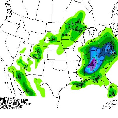 Photo: ...Locally heavy rainfall expected for the Ohio Valley, Mid-Atlantic and into the Southeast through Monday...

Areas of heavy rain and strong thunderstorms will continue to be associated with the post-tropical circulation of Isaac the as its low center moves very slowly eastward across the Ohio Valley.