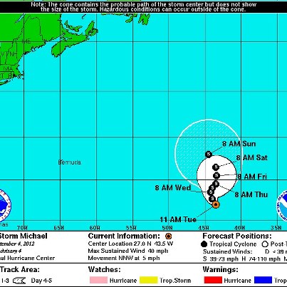Photo: Tropical Storm Michael Forms in the Eastern Atlantic, No Threat to Land

Tropical Depression Thirteen intensified and has become Tropical Storm Michael. At 11:00 AM EDT the center of newly-formed Tropical Storm Michael was located near about 1,220 miles southwest of the Azores.

Michael is moving toward the north-northwest at about 5 mph. A general slow northward motion is expected during the next two days, keeping the cyclone over the eastern Atlantic waters. Maximum sustained winds are near 40 mph, with higher gusts. No significant change in strength is forecast during the next 48 hours. Details...

http://www.nhc.noaa.gov/#MICHAEL