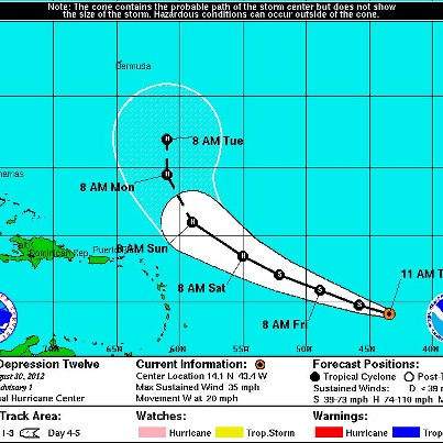 Photo: Data from NOAA buoy 41041 and satellite images show that Tropical Depression Twelve has become a tropical storm — Leslie. Maximum sustained winds are now 40 mph, with higher gusts. According to the National Hurricane Center, no change to the track or intensity forecast is required at this time. Details...

http://www.nhc.noaa.gov/#LESLIE

This is the second-earliest formation of the 12th named storm on record in the Atlantic basin, eclipsed only by Luis of 1995.