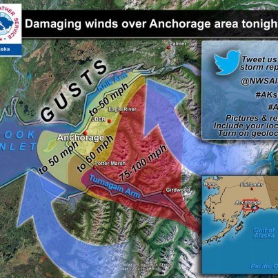 Photo: Strong Early Autumn Storm Brings Damaging Winds to Portions of Southern Alaska

Strong winds from a Bering Sea storm impacted portions of southern Alaska, from the Aleutians to south-central Alaska, Tuesday evening through the overnight hours. Winds of 50-60 mph were prevalent in Anchorage, with gusts to over 100 mph observed just east of Anchorage in the higher elevations.

The combination of wet ground and full leaves on the trees led to numerous fallen trees and power outages in the Anchorage area. The wind has subsided thorough much of the region, but power and communications remain down. Details...

http://www.arh.noaa.gov/