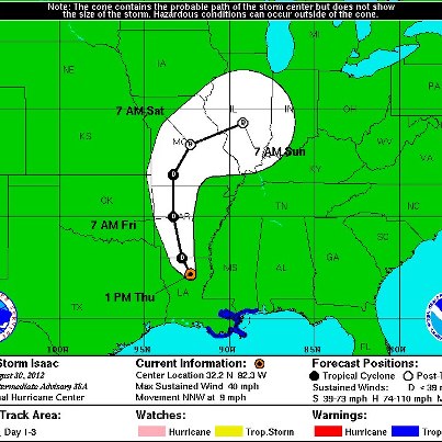 Photo: Tropical Storm Isaac Continues To Drench Southeastern Louisiana And Mississippi With Heavy Rainfall As It Moves Slowly Inland

At 1:00 PM CDT, the center of Tropical Storm Isaac was located about 25 miles southwest of Monroe, La., with maximum sustained winds near 40 mph. Isaac is forecast to continue weakening as it moves inland over the next 48 hours and is expected to become a tropical depression Thursday afternoon or night. Life-threatening hazards from storm surge, inland flooding and tornadoes are still occurring, however. Stay tuned to NOAA Weather Radio, your local NWS forecast office and local news media for impacts affecting your area.

http://www.nhc.noaa.gov/#ISAAC