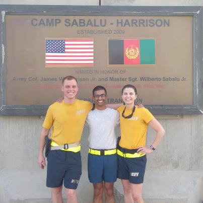 Photo: Lt. Jon Taylor, Lt. Leigha Fassett, and Air Force Capt. Ambar Vyas pose for a photo after completing the Bagram 1/2 Marathon. The officers serve as recorders for the Joint Legal Center, Combined Joint Interagency Task Force-435 at Camp Sabalu-Harrison.