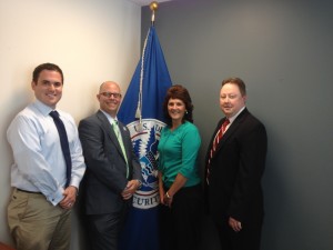 Operation Warfighter intern Andrew Turner (second from left), recently completed an internship with the Freedom of Information Act (FOIA) office at Immigration and Customs Enforcement (ICE). He is pictured here with (l to r) Ryan Law, Deputy FOIA Director, Katrina Pavlik, FOIA Director, and his direct supervisor Todd Fuss, Supervisory Paralegal Specialist. 