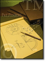 Illustration of technical drawings with Pat.Pending and Copyright symbols