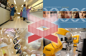 Collage made of lab, faces of people, DNA, medicine and a robot images. NHGRI logo in the foreground.