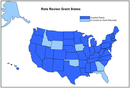 Map of the United States showing which states have been awarded Rate Review grants. See at text version of the map below for details.
