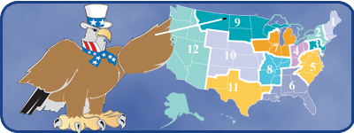 Picture of eagle pointing to a map of the twelve Federal Reserve Districts.