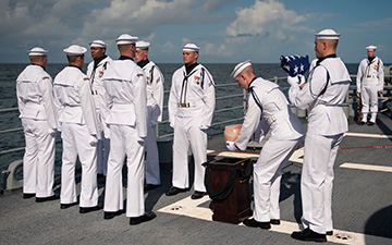 US Navy personnel carry the cremains of Apollo 11 astronaut Neil Armstrong during a burial at sea service aboard the USS Philippine Sea (CG 58), Friday, Sept. 14, 2012, in the Atlantic Ocean. Photo Credit: (NASA/Bill Ingalls)