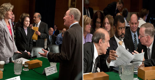 NRC Chairman Allison Macfarlane (L) and Commissioner Kristine Svinicki chat with Sen. Lamar Alexander, R-Tenn., before a Senate hearing 9/12 on NRC post-Fukushima activities, and (L-R) Commissioners George Apostolakis, William Magwood and William Ostendorff confer before the hearing that also touched on a variety of other NRC issues