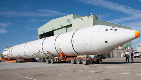 Two space shuttle solid rocket booster casings arrived at NASA's Dryden Flight Research Center Aug. 29 after a transcontinental trip from the Kennedy Space Center in Florida.