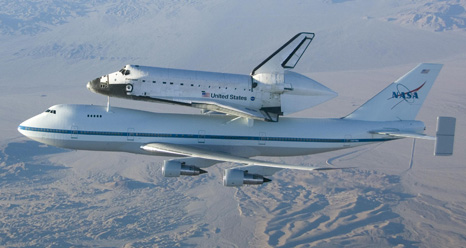 The Space Shuttle Endeavour mounted atop a modified Boeing 747 carrier aircraft flies over California's Mojave Desert on the first leg of its ferry flight back to the Kennedy Space Center on Dec. 10, 2008 after landing at Edwards Air Force Base to conclude shuttle mission STS-126. Endeavour will be