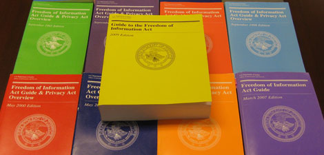 The 2009 Edition of the DOJ Guide to the Freedom of Information Act, surrounded by previous editions of the Guide.
