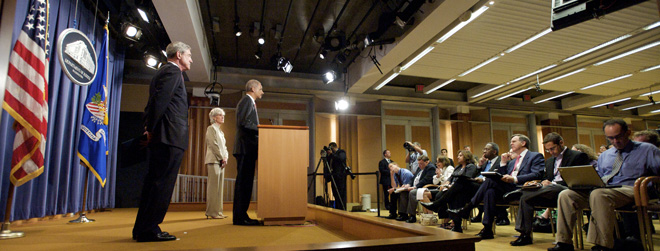 Photo of Attorney General Eric Holder at a News Conference