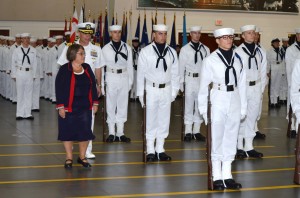 Under Secretary Kanter inspecting Navy Graduates during last year's bus tour.