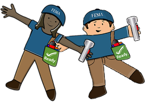 Flat Stella and Flat Stanley Characters with FEMA hat, Flashlight and Kit Bag with Ready Logo