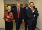 a photo of President Obama, Secretary Sebelius and Dr. Collins walking together.
