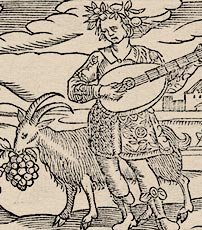 Scanned page of the book, Minerva Britanna. At the top of the page is the word Sanguis and a man playing a stringed instrument while standing next to a goat with a bunch of grapes in its mouth; black text appears underneath the image.