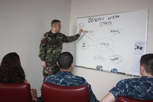 Lt Kluk works with members of the three week program in a stress management class. The program curriculum is developed based on the unique needs of each service member.