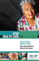Campaign Poster Screenshot showing an elderly woman. The text displays: Stop Health care Fraud.