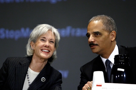 Secretary Kathleen Sebelius and Attorney General Eric Holder at the National Summit on Health Care Fraud.