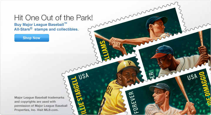 Hit One Out of the Park! Buy Major League Baseball All-Stars stamps and collectibles. Shop Now. Major League Baseball trademarks and copyrights are used with permission of Major League Baseball Properties, Inc. Visit MLB.com. Image of all-star baseball stamps.
