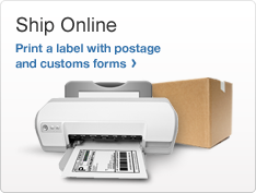 Ship Online. Photo of a printer printing a shipping label and a box. Print a label with postage and customs forms >