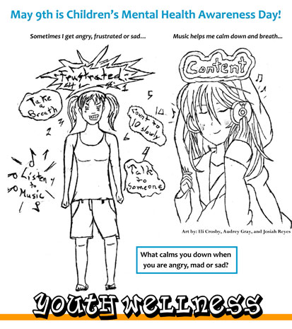 A detail from the contest-winning art placemat, featuring a drawing of an angry girl next to a calm girl listening to music to relieve stress