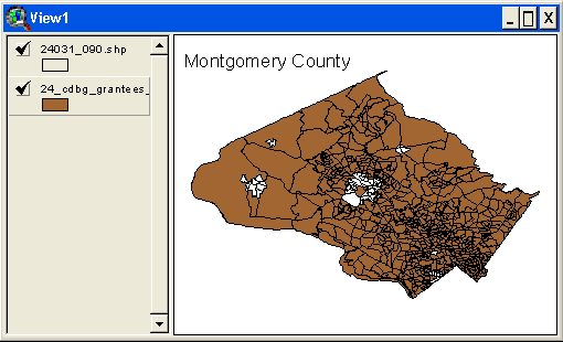 Image of Montgomery County split Block Group boundaries layered over the CDBG grantee jurisdiction boundaries