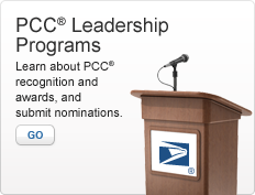 PCC Leadership Programs. Learn about PCC recognition and awards, and submit nominations. Photo of a podium with a USPS logo attached. go.