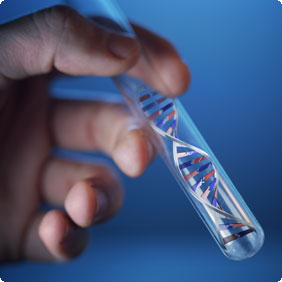 Hand Holding Test Tube Containing DNA-Like Object