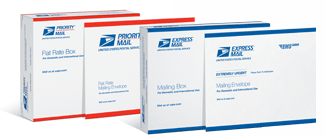 Image of express mail and priority mail boxes and envelopes