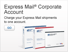 Express Mail Corporate Account. Charge your Express Mail shipments to one account. Photo of two express mail boxes and one envelope. Go.
