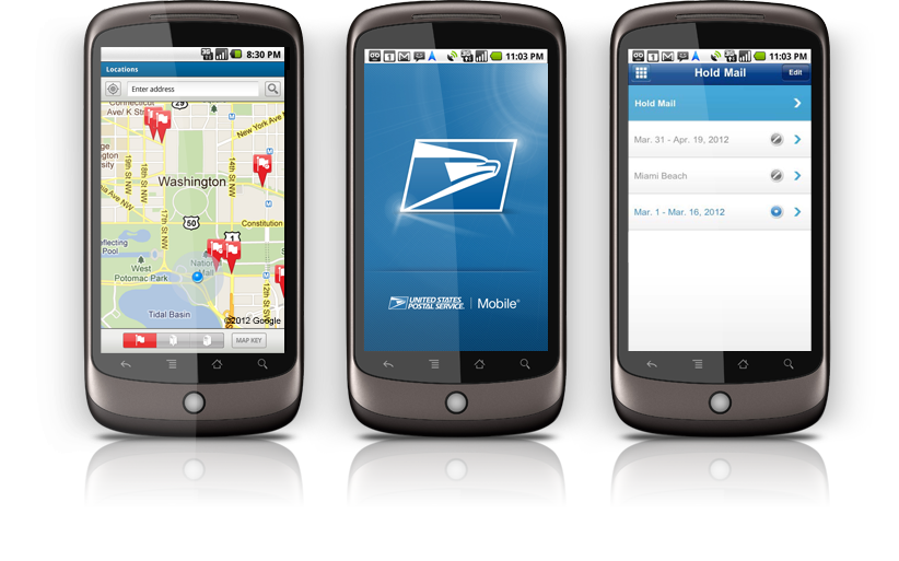 Three Android phones with screenshots of different USPS.com tools.