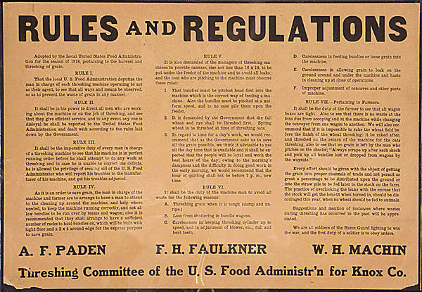 NARA Image_07-0276a, U.S. Food Administration, Educational Division, WWI poster, "For Threshing Committee of the U.S. Food Administration for Knox Co."