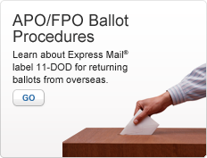 APO/FPO Ballot Procedures. Learn about Express Mail label 11-DOD for returning ballots from overseas. Photo of a hand inserting a ballot into a ballot box. Go.
