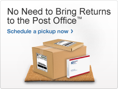 No Need to Bring Returns to the Post Office. Photo of a 3 packages on a doormat. Schedule a pickup now >