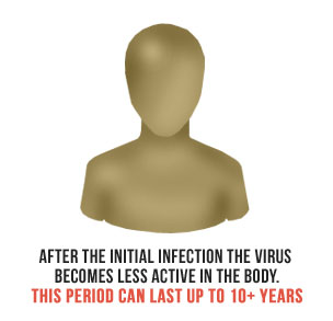 After the Initial infection the virus becomes less active in the body. This period can last up to 10+ years